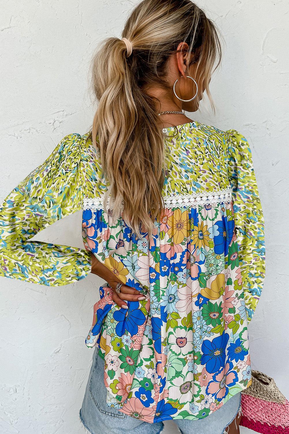 Green Bubble Sleeve Lace Detail Mixed Floral Blouse - The Fair Lady Shop