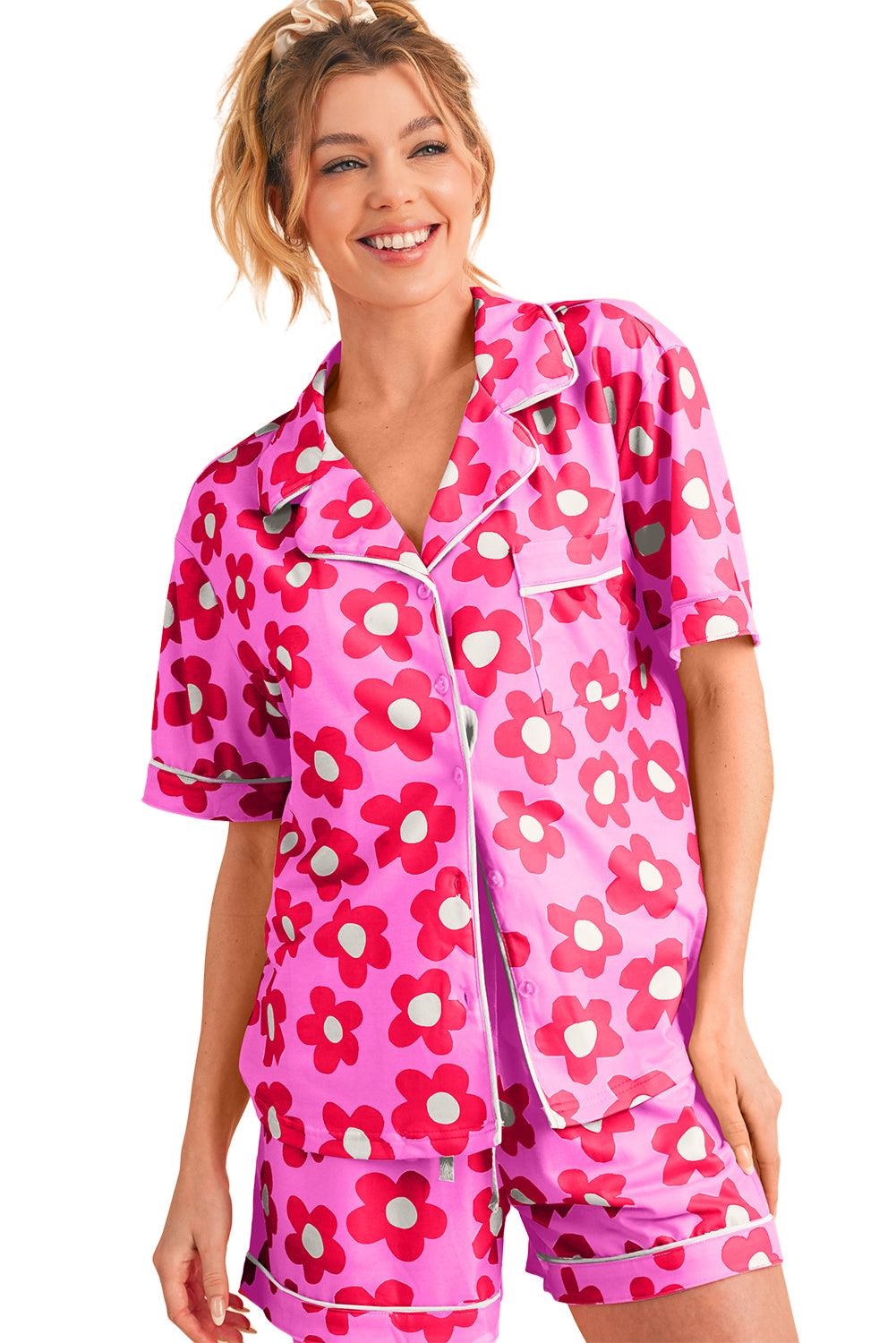 Green Flower Print Buttoned Shirt and Drawstring Waist Pajama Set - The Fair Lady Shop