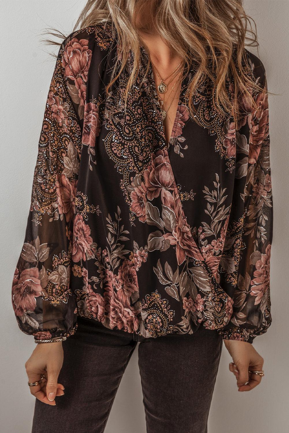 Black Floral Print Criss Cross V Neck Balloon Sleeve Blouse - The Fair Lady Shop