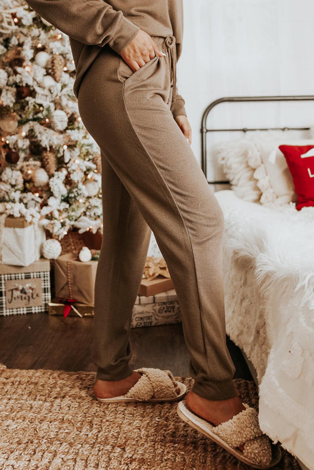 Khaki Long Sleeve Pullover & Jogger Pants Loungewear Set - The Fair Lady Shop