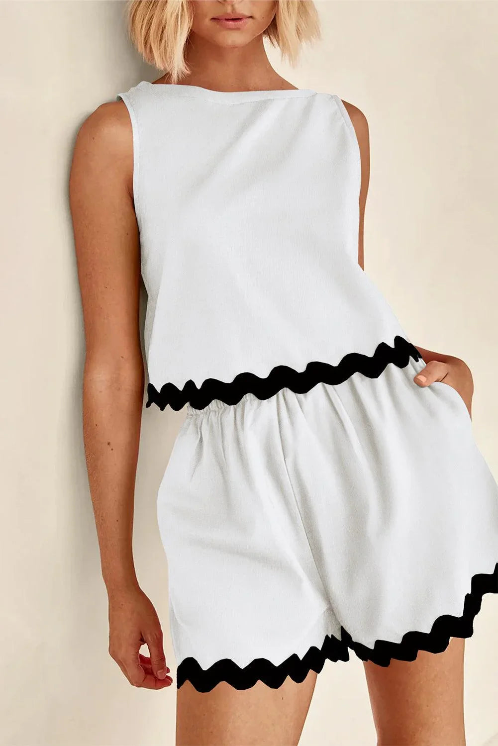 White Ricrac Applique Sleeveless Top and Pocketed Shorts Set - The Fair Lady Shop