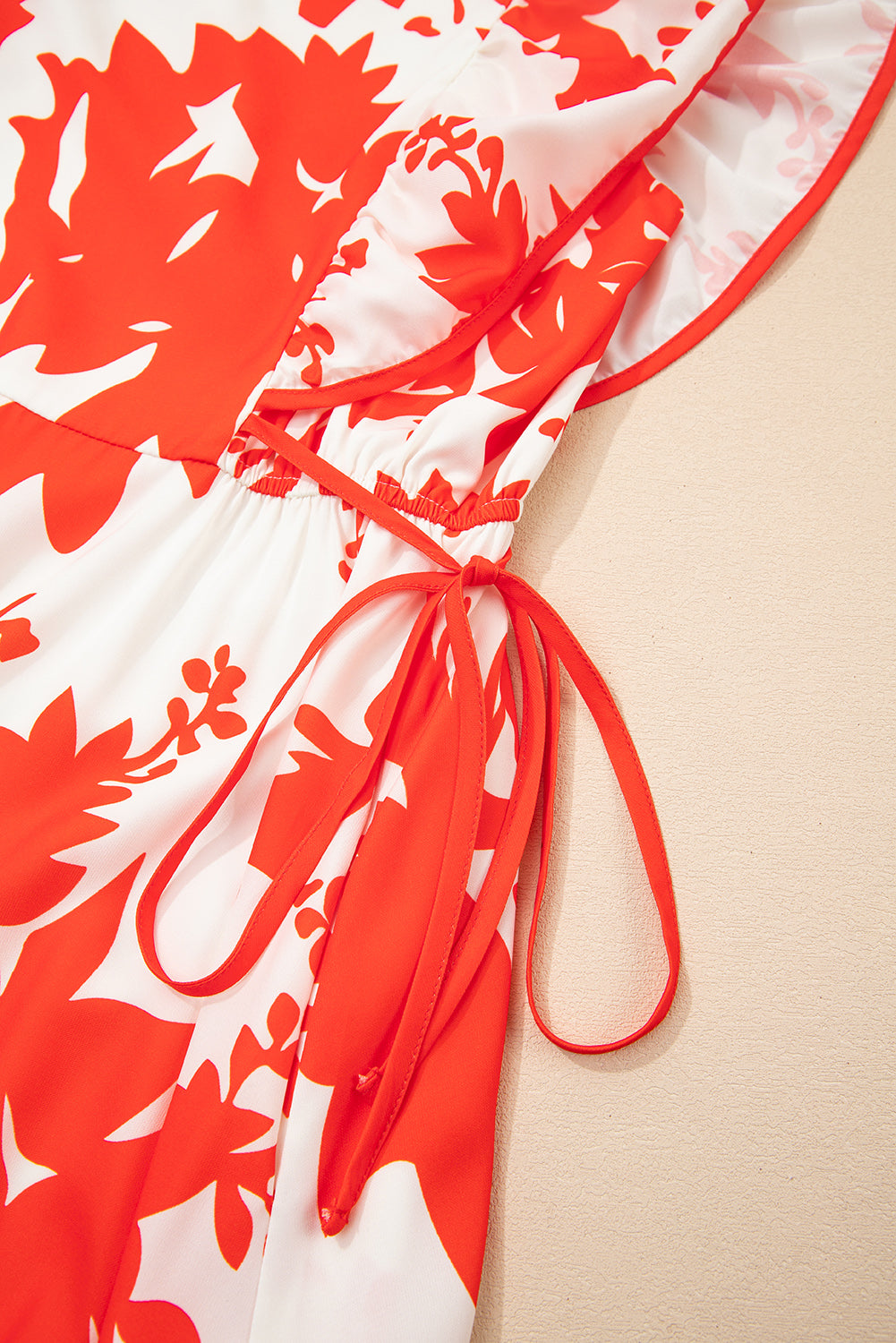 Red Floral Print Trimmed V Neck Ruffle Sleeve Maxi Dress - The Fair Lady Shop