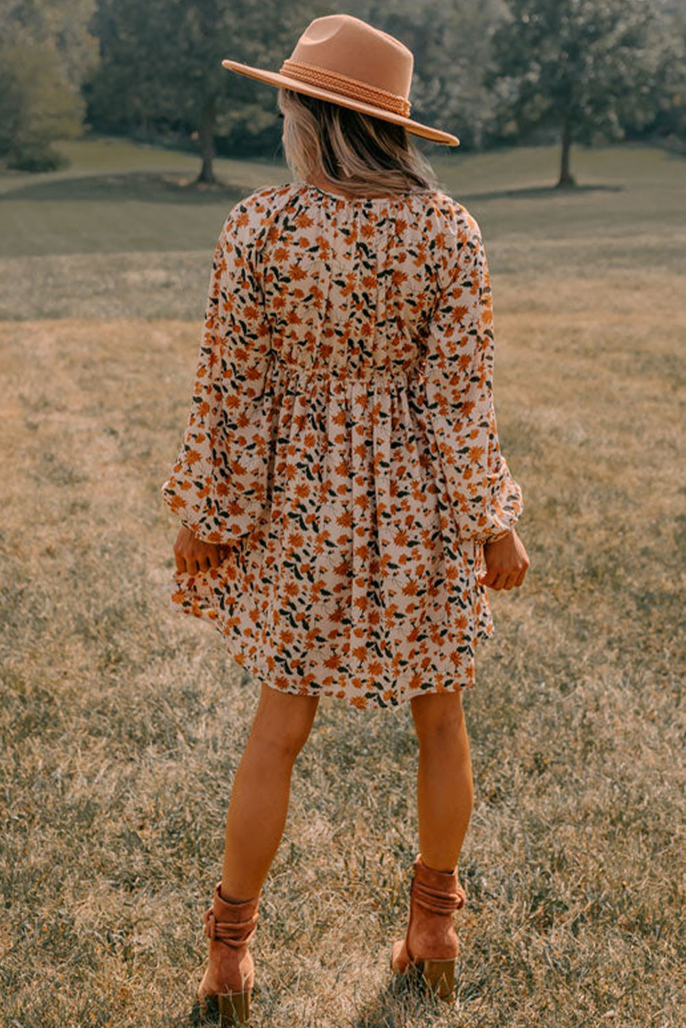 Beige Floral Smocked V Neck Bubble Sleeve Babydoll Dress - The Fair Lady Shop