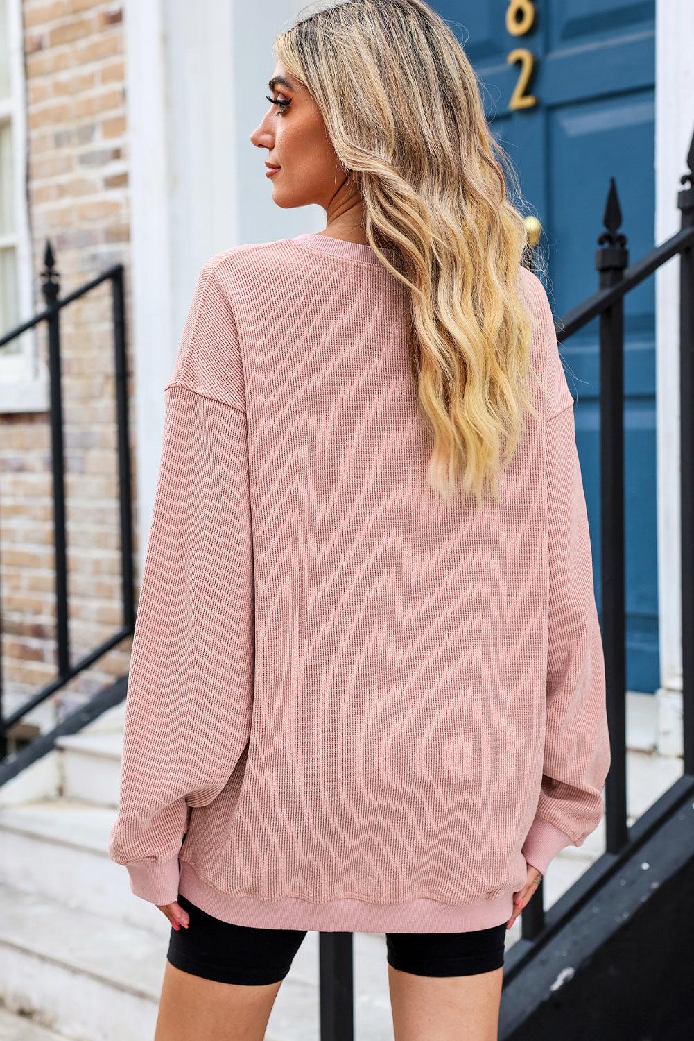 Khaki Solid Ribbed Round Neck Pullover Sweatshirt - The Fair Lady Shop