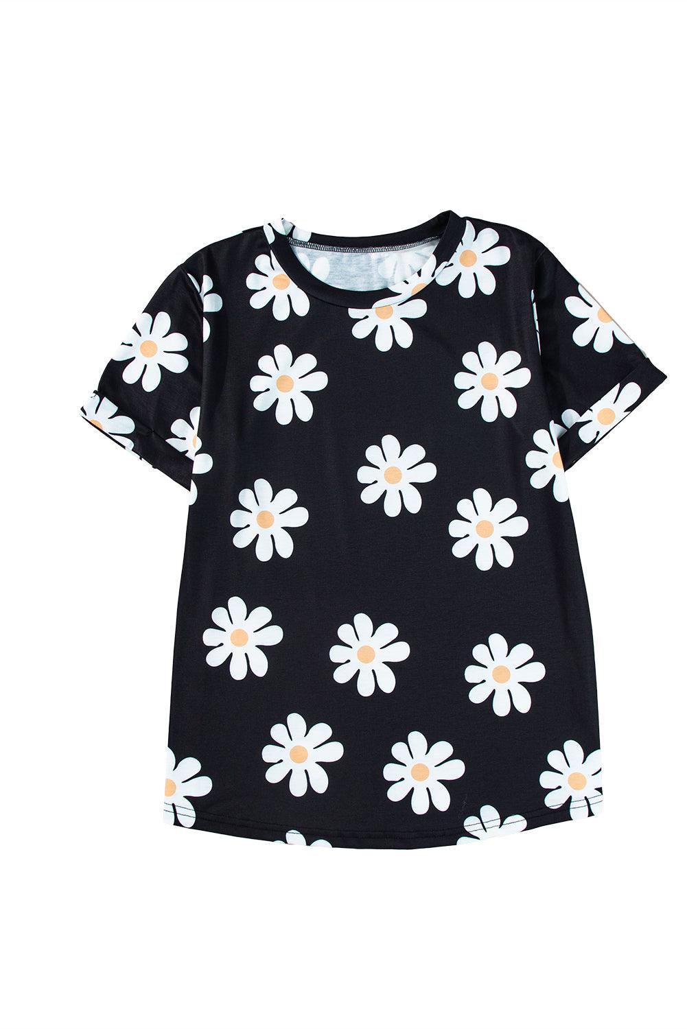 Sky Blue Daisy Print Crewneck T Shirt - The Fair Lady Shop