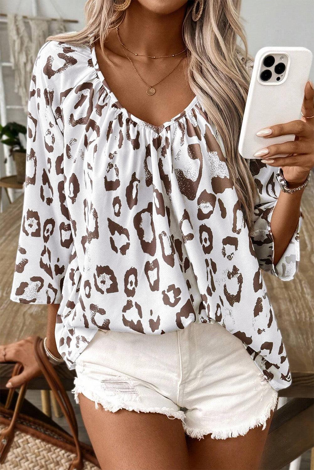 Black Leopard Print V Neck 3/4 Sleeve Blouse - The Fair Lady Shop