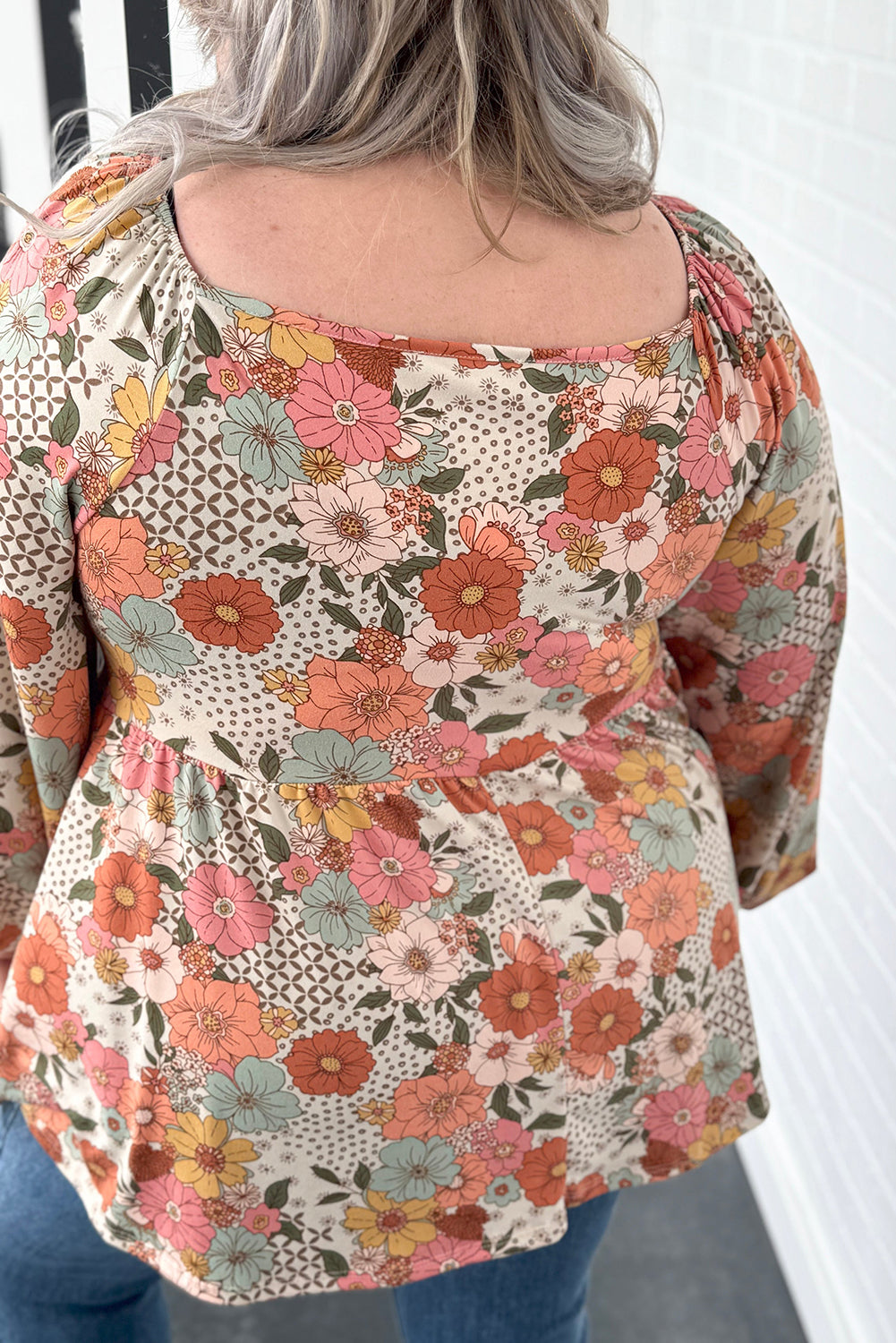 Khaki Plus Size Flower Print Square Neck Peplum Blouse - The Fair Lady Shop