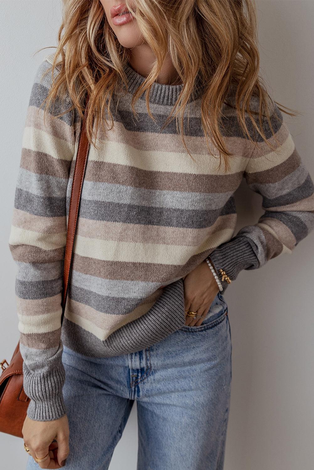 Gray Striped Ribbed Edge Round Neck Sweater - The Fair Lady Shop