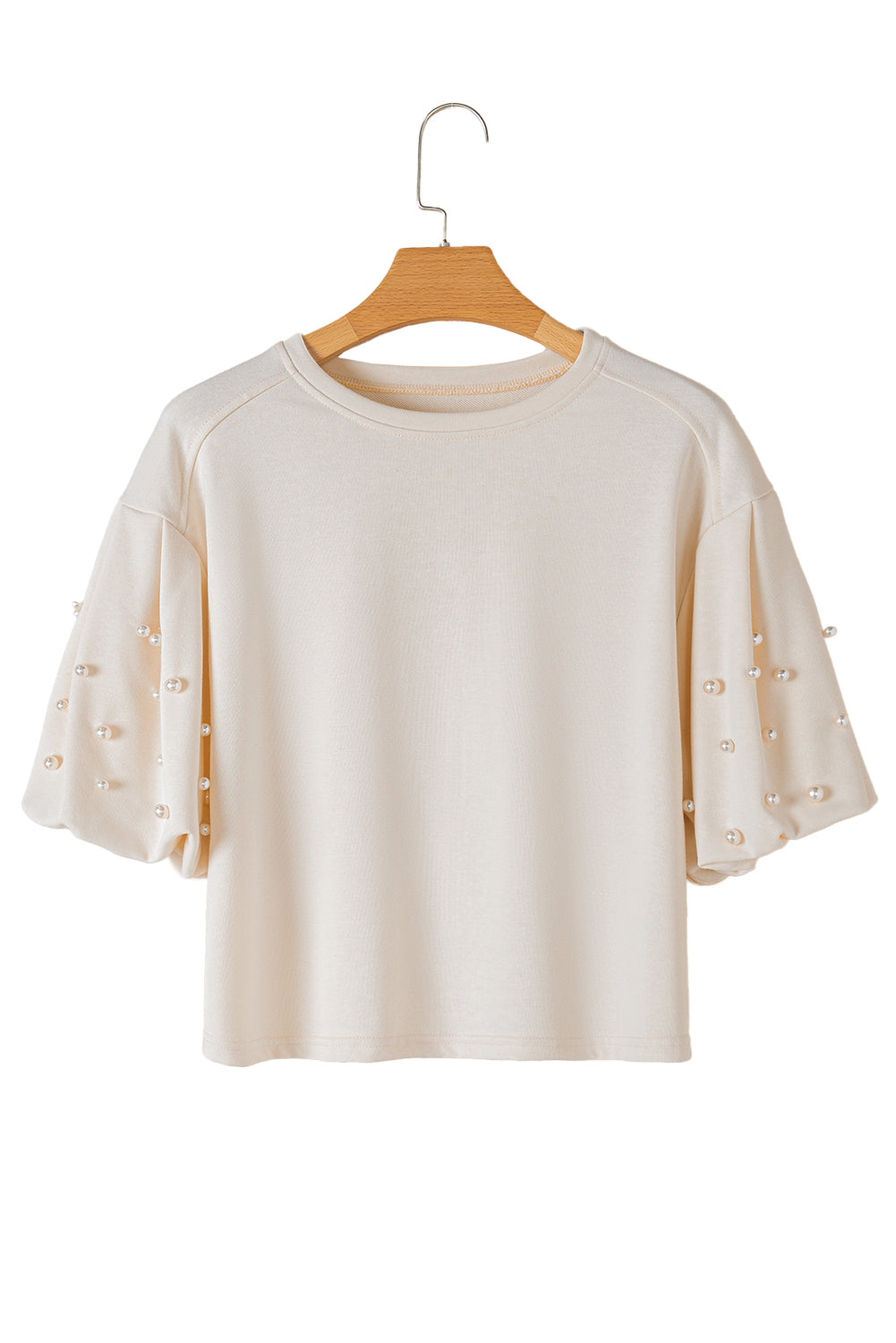 White Pearled Puff Sleeve Round Neck Loose Top - The Fair Lady Shop
