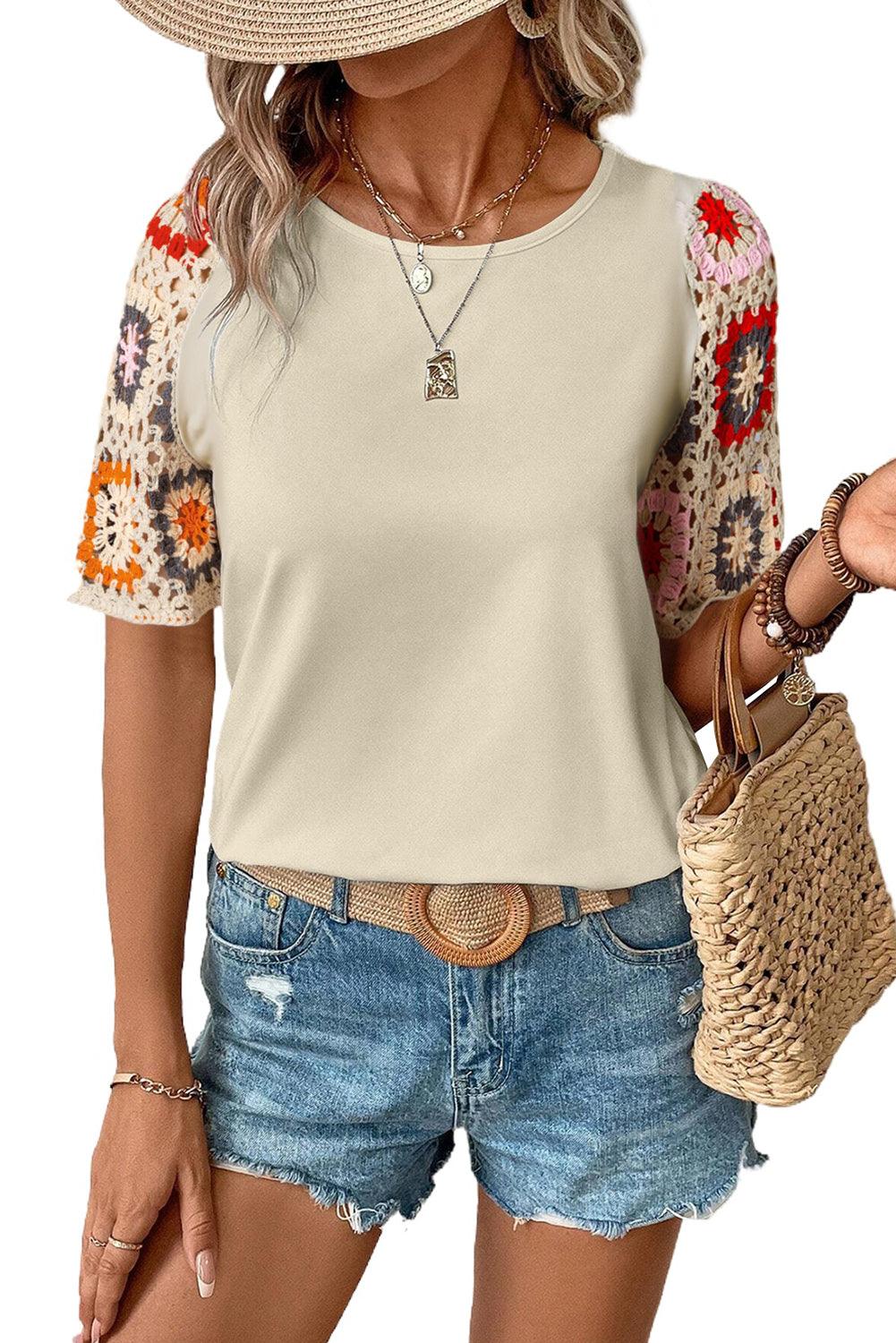 Black Floral Hollowed Crochet Sleeve Boho T Shirt - The Fair Lady Shop