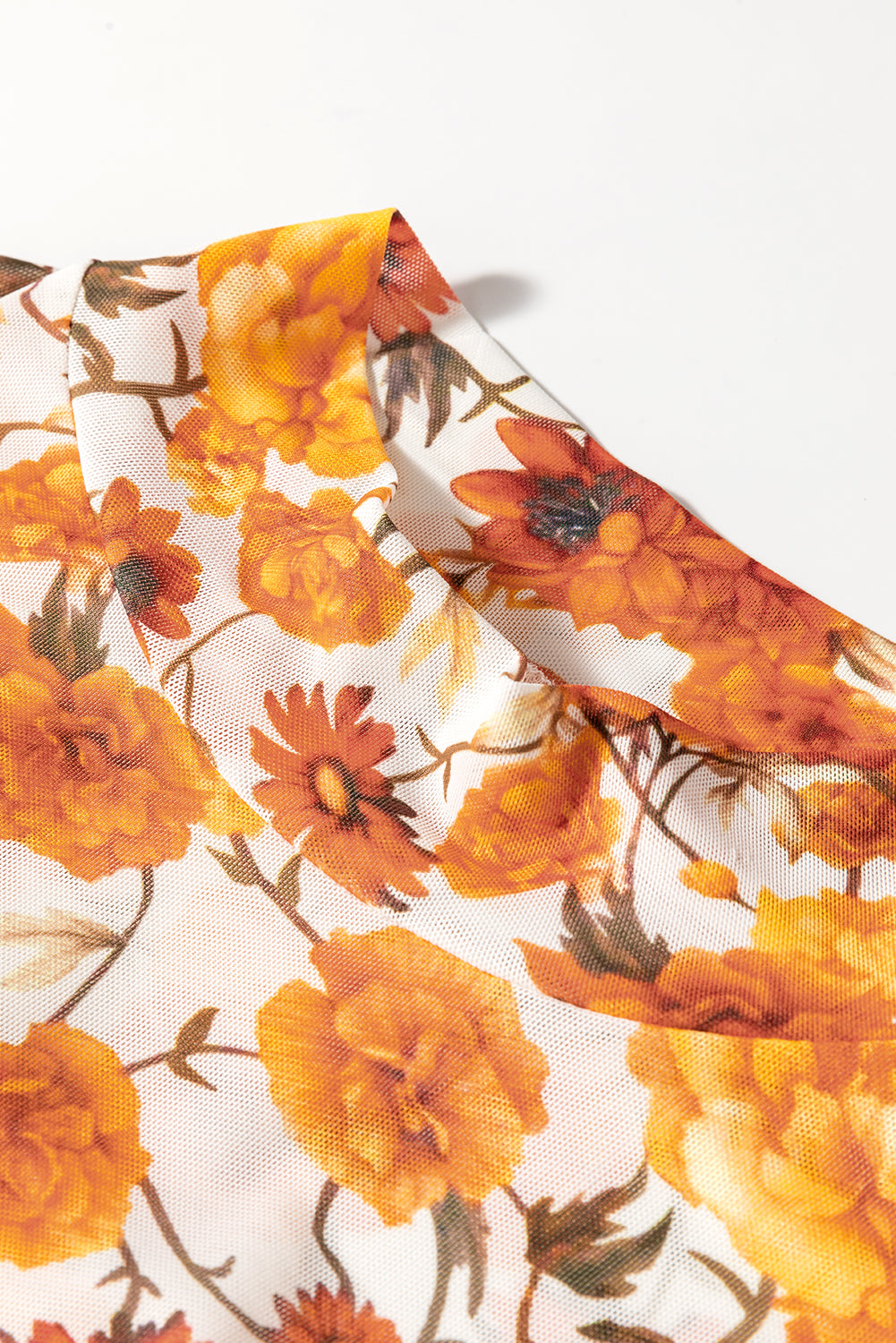 Orange Floral Print Bell Sleeve Mock Neck Scallop Trim Blouse - The Fair Lady Shop