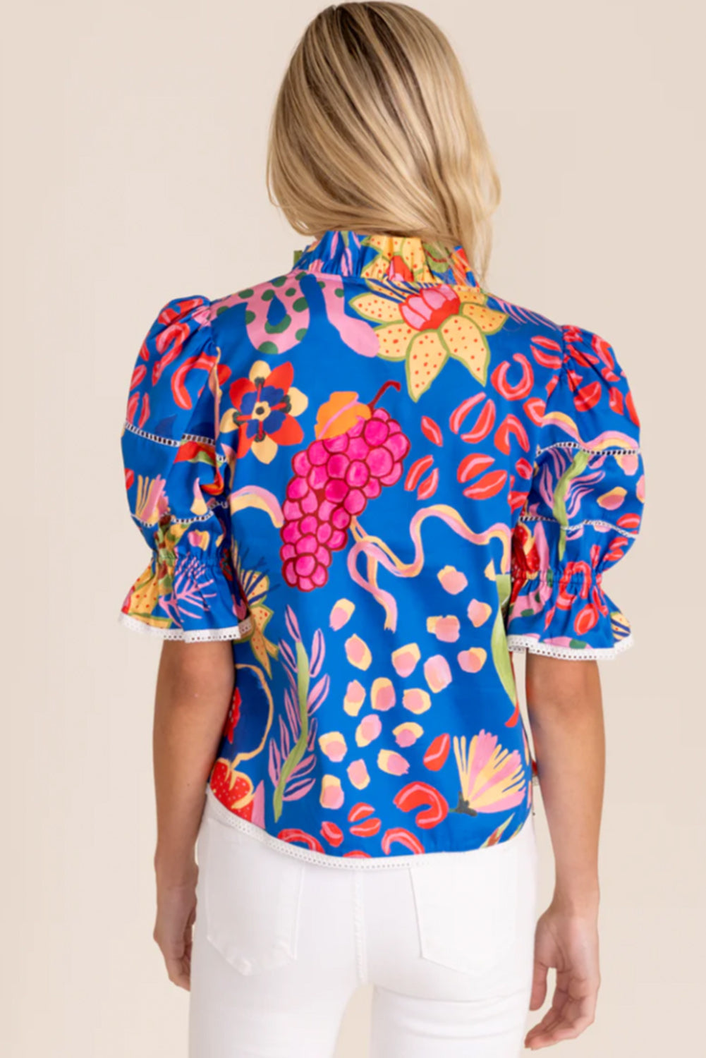 Blue Frill V-neck Abstract Print Blouse - The Fair Lady Shop