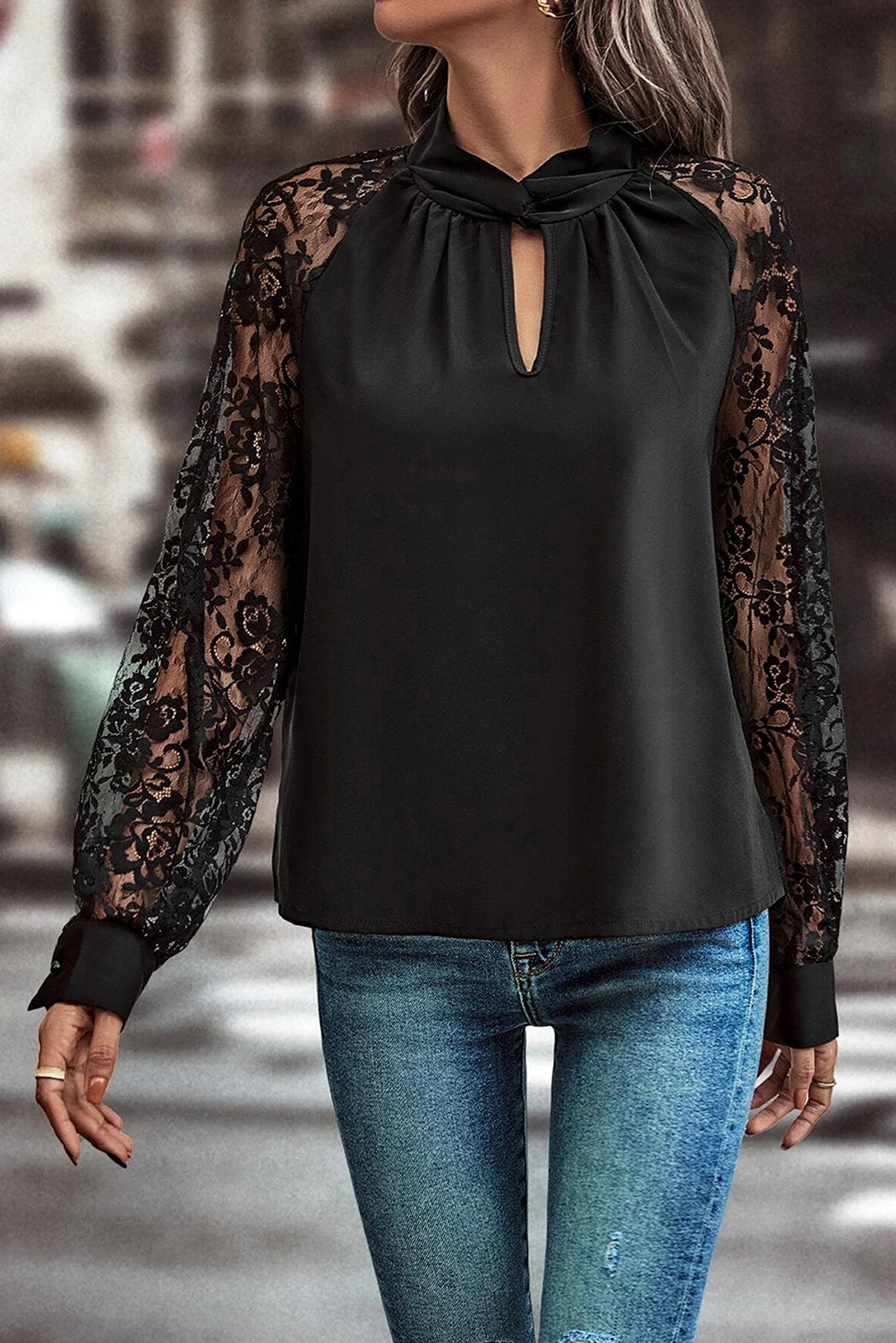 Black Keyhole Neckline Lace Splicing Raglan Sleeve Blouse - The Fair Lady Shop