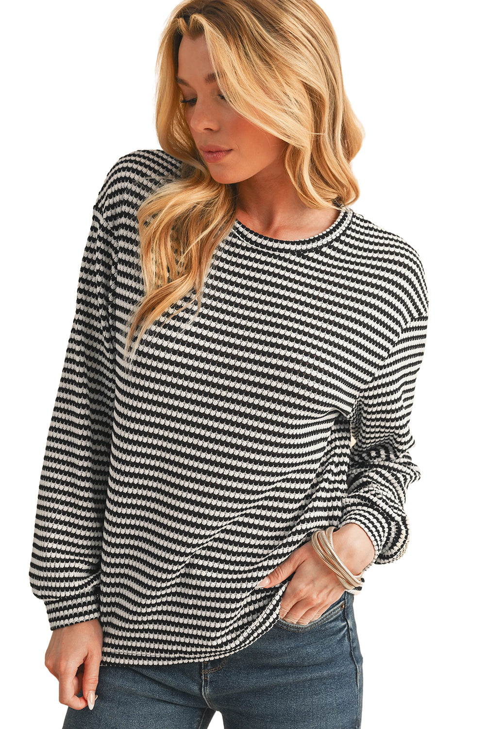 Black Striped Round Neck Drop Shoulder Long Sleeve Top - The Fair Lady Shop