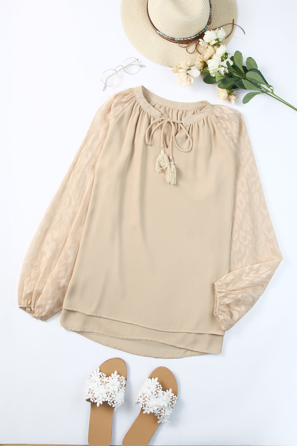 Beige Leopard Print Fringe Blouse - Trendy Split Neck Design