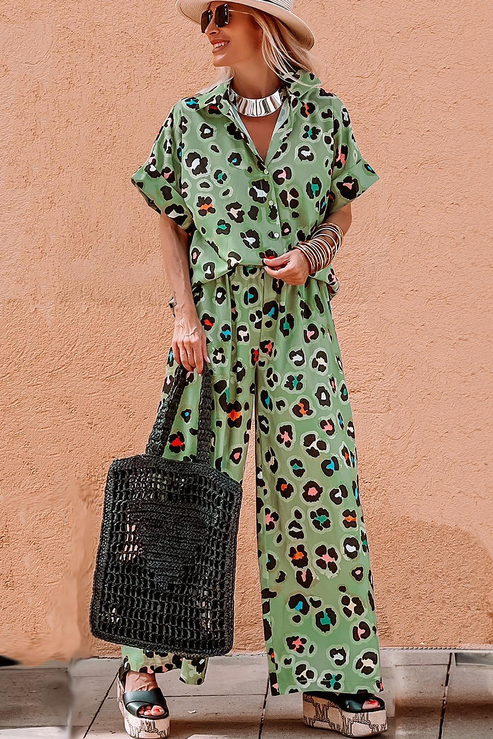 Green Leopard Print Short Sleeve Shirt and Wide Leg Pants Set - The Fair Lady Shop