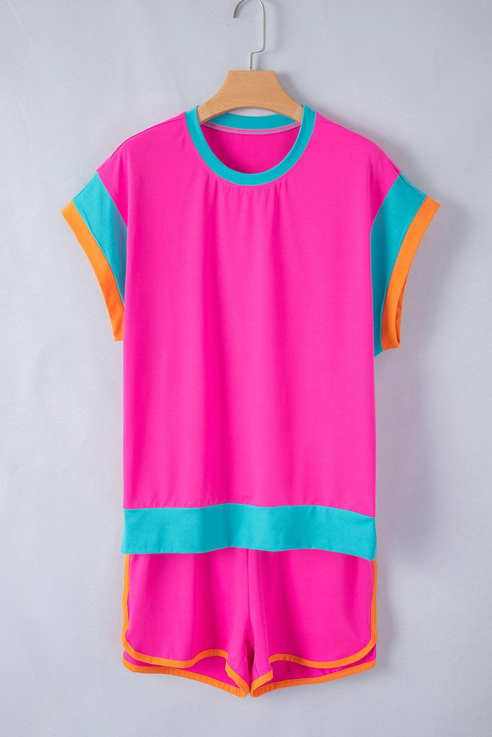 Peach Blossom Color Block Loose Fit Top & Elastic Waist Shorts Set - The Fair Lady Shop