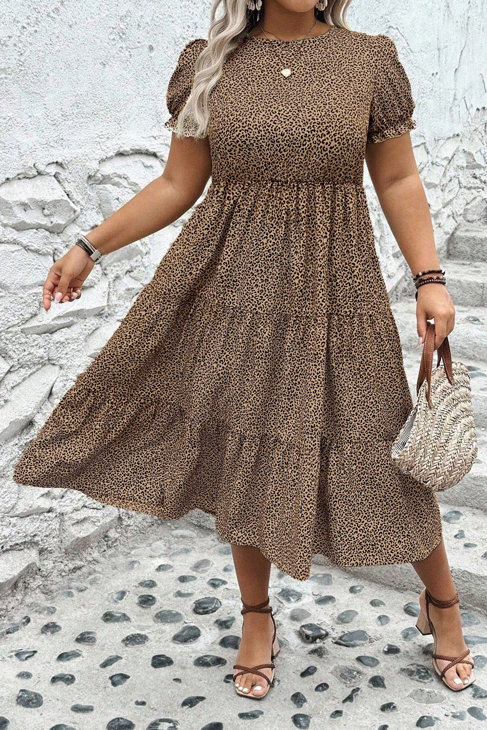 Brown Plus Size Leopard Print Frill Trim Short Sleeve Flared Dress - The Fair Lady Shop