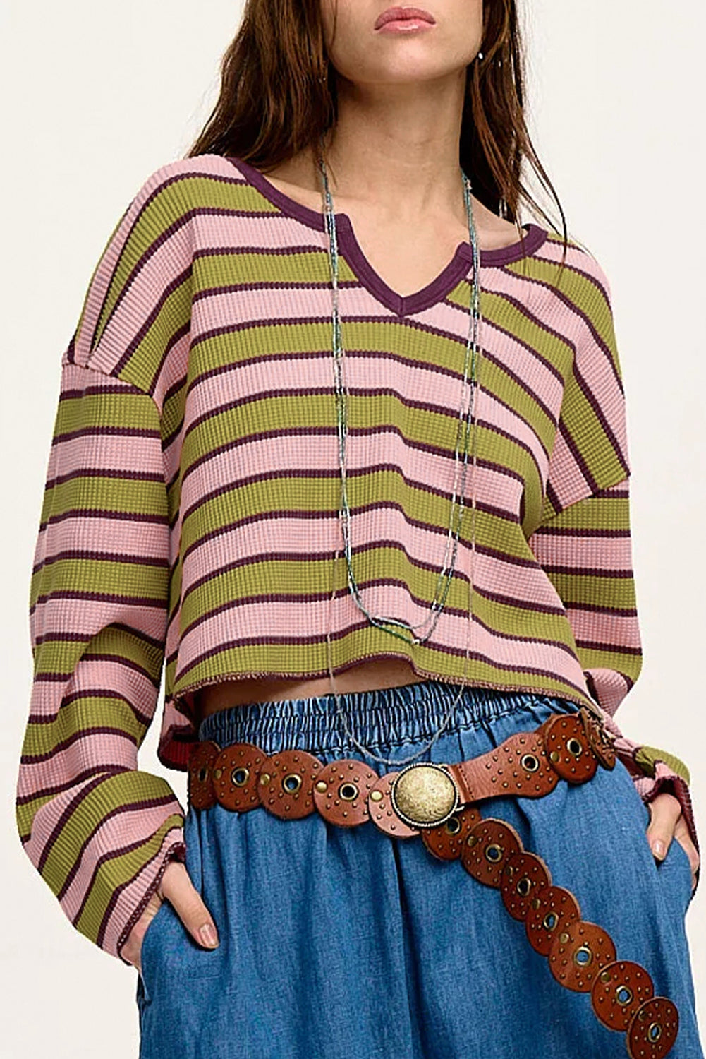 Spinach Green Striped V-Neck Rib-knit Pullover Top - The Fair Lady Shop
