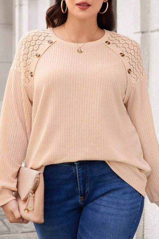 Beige Plus Size Lace Patchwork Buttons Waffle Knit Top - The Fair Lady Shop