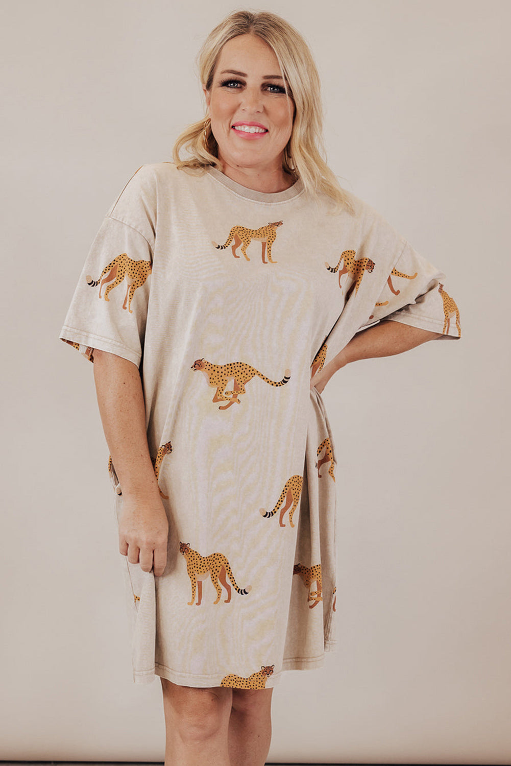 Apricot Plus Size Cheetah Print Side Pockets T Shirt Mini Dress - The Fair Lady Shop