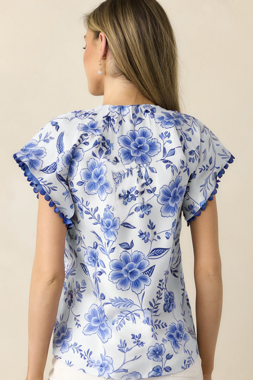 Blue Floral V-Neck Short Sleeve Blouse - The Fair Lady Shop