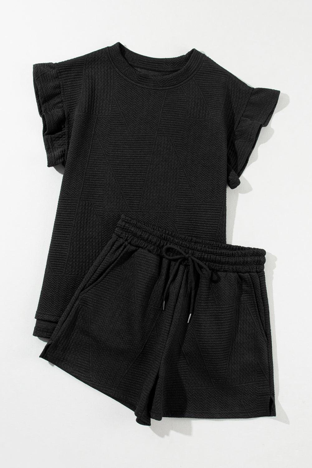 Dark Green Textured Ruffle Split Top and Drawstring Shorts Set - The Fair Lady Shop