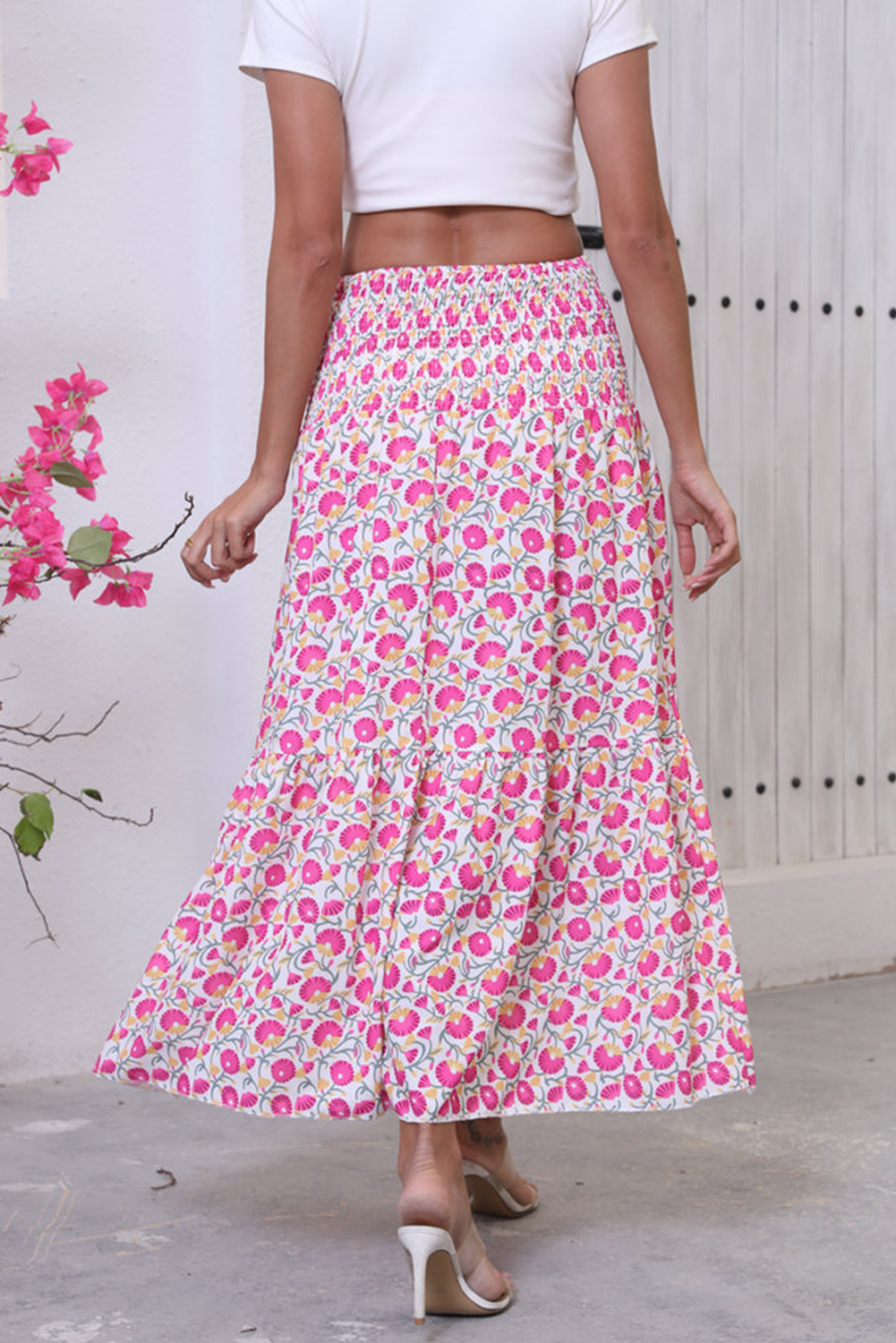 Pink Boho Floral Print Shirred Large Swing Skirt - The Fair Lady Shop