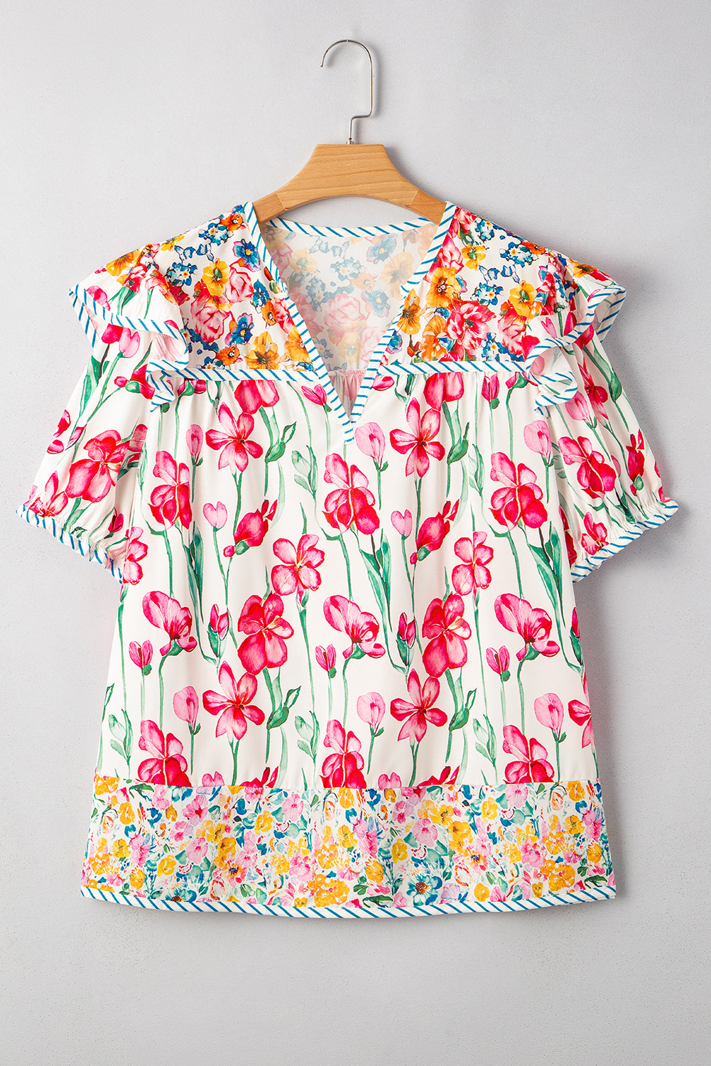 Pink Plus Size Floral Print Striped Trim V Neck Blouse - The Fair Lady Shop