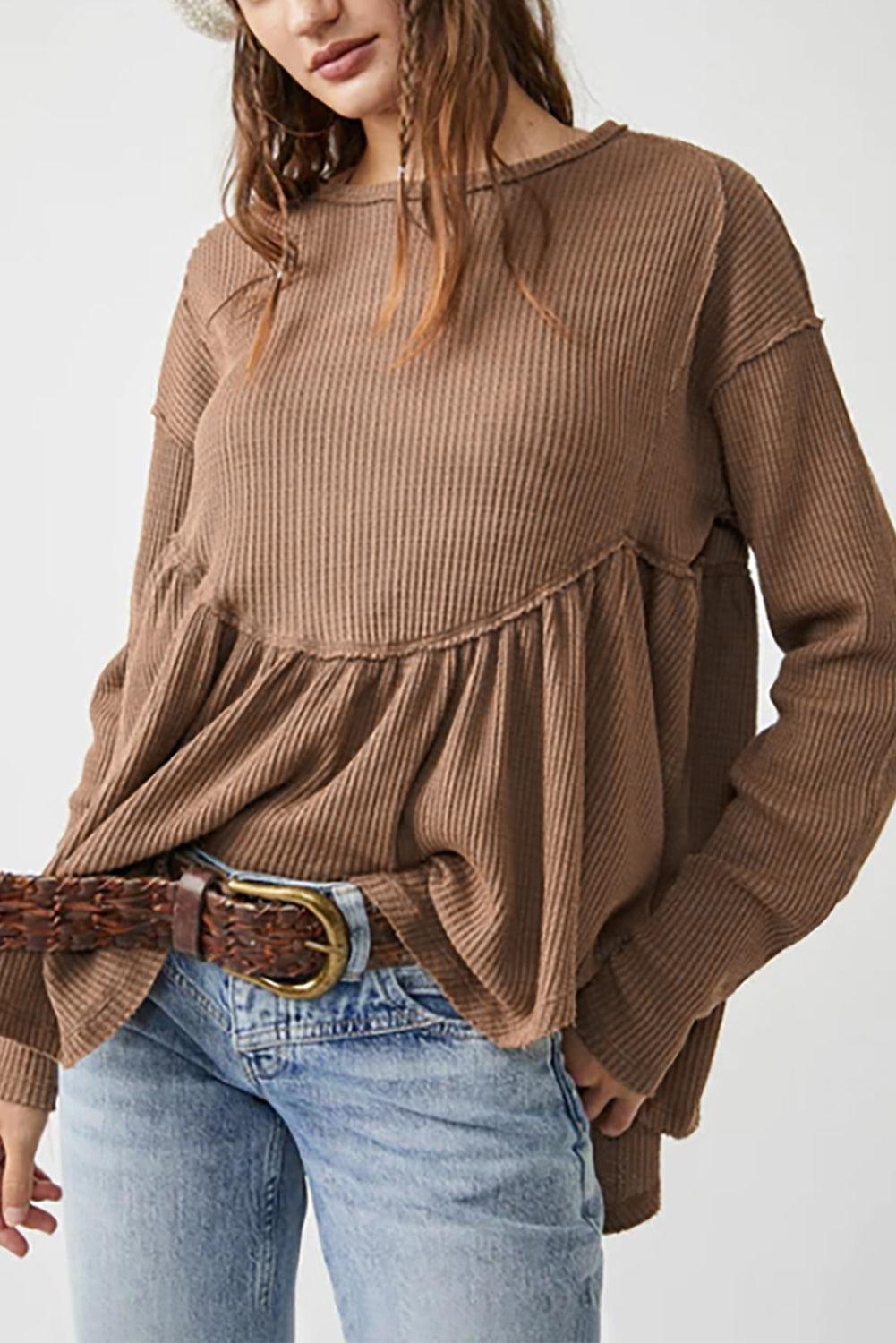 Brown Textured Exposed Seam Pullover Long Sleeve Top - The Fair Lady Shop