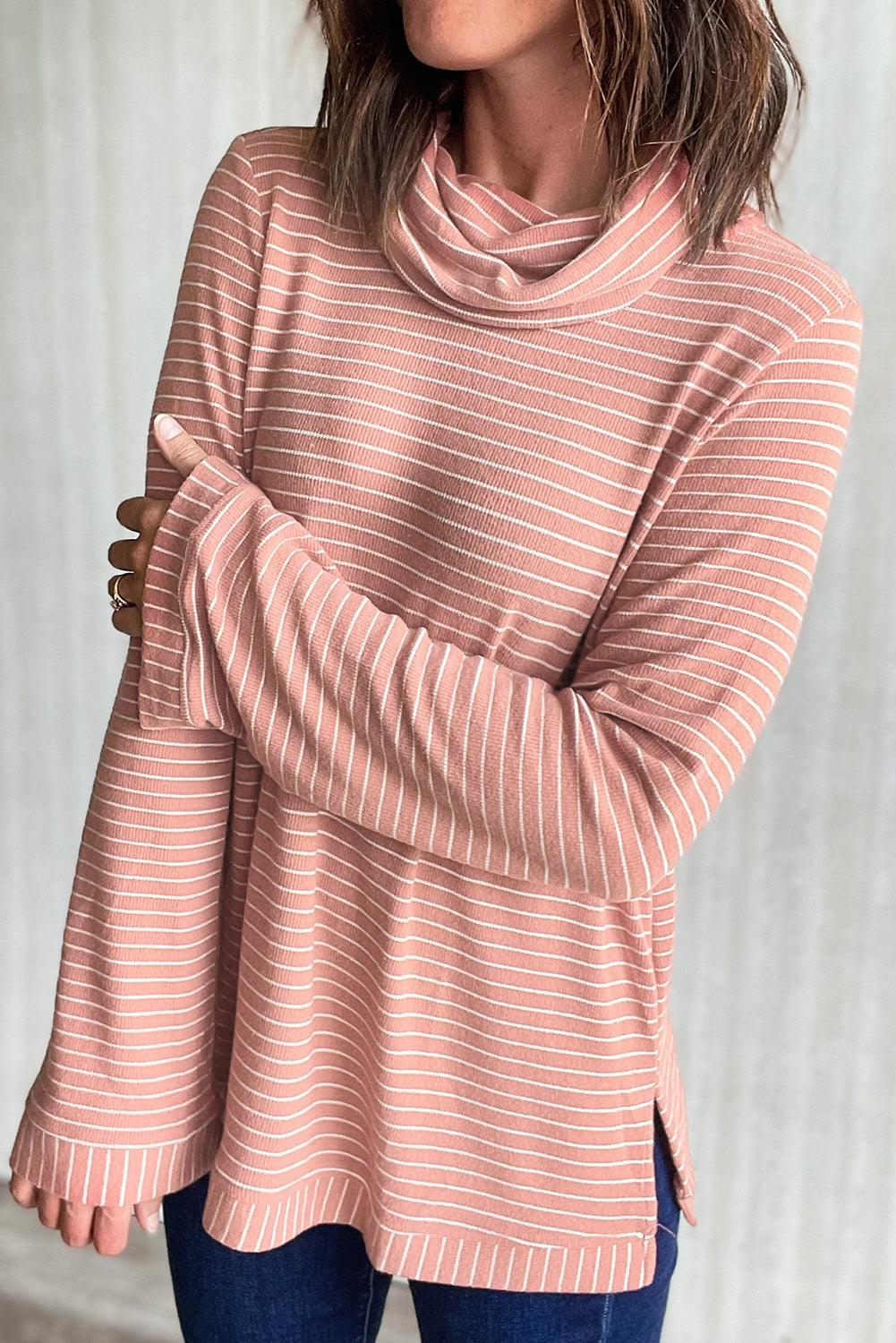 Pink Stripe Cowl Neck Side Slits Loose Fit Long Sleeve Top - The Fair Lady Shop