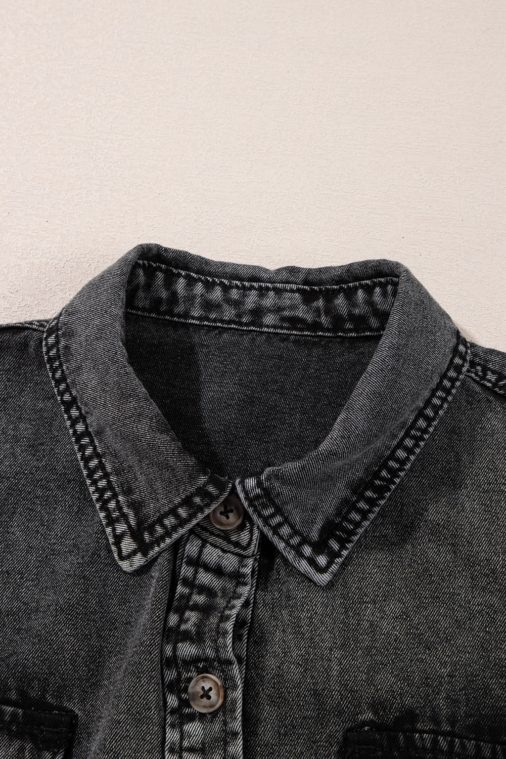 Black Flap Pocket Button Up Raw Hem Short Sleeve Denim Shirt
