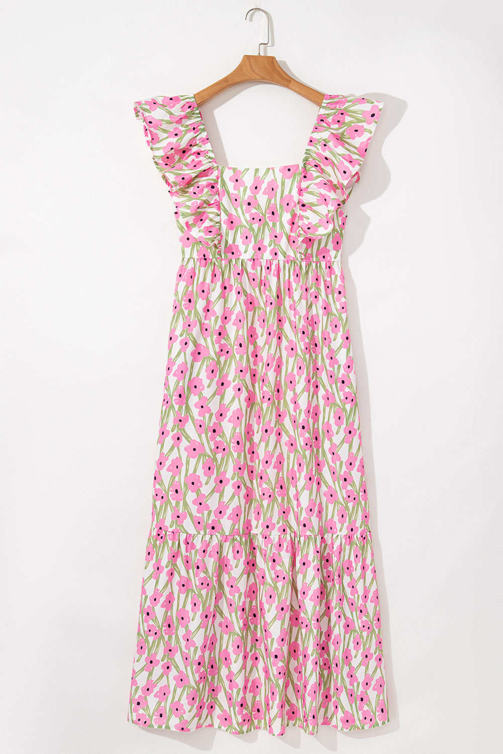 Pink Floral Print Square Neck Ruffled Strap Maxi Dress - The Fair Lady Shop