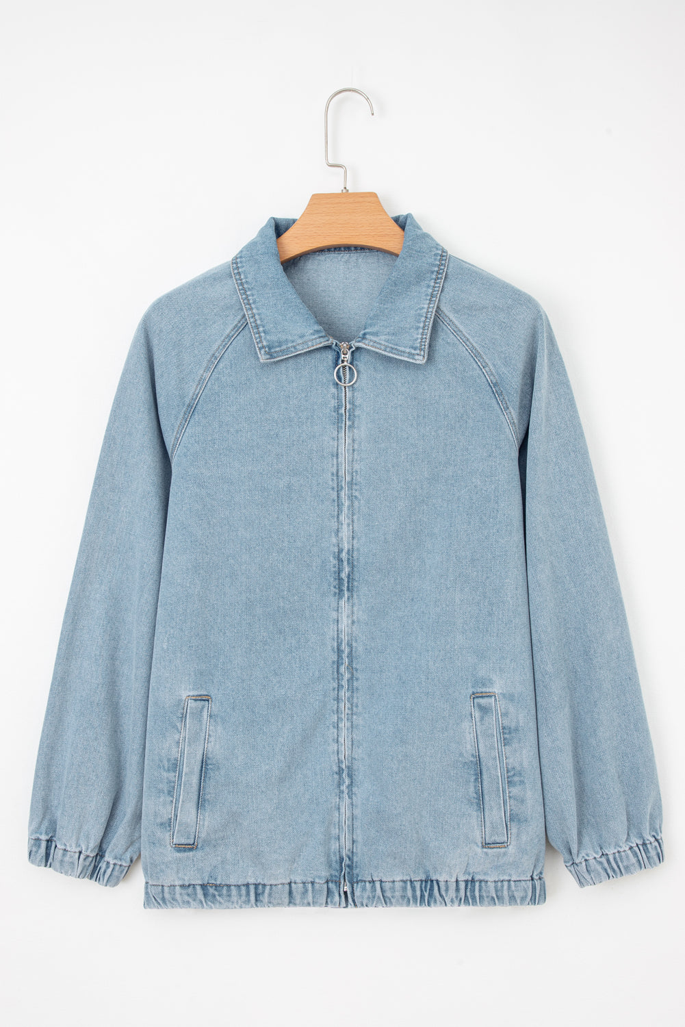 Myosotis Elastic Hem Collared Zip Up Denim Jacket