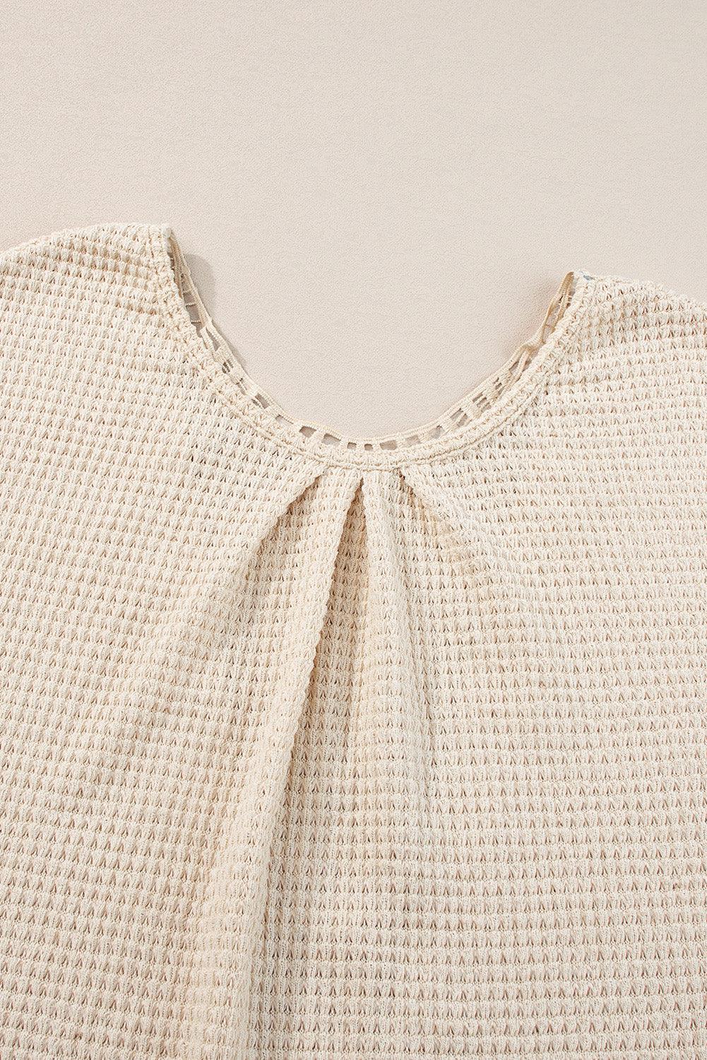 Oatmeal Guipure Lace Splicing Back Waffle Textured T-shirt - The Fair Lady Shop