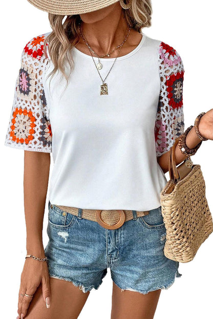 Black Floral Hollowed Crochet Sleeve Boho T Shirt - The Fair Lady Shop