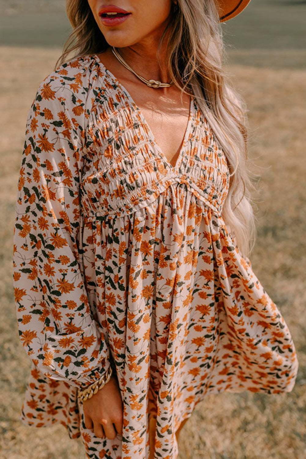 Beige Floral Smocked V Neck Bubble Sleeve Babydoll Dress - The Fair Lady Shop