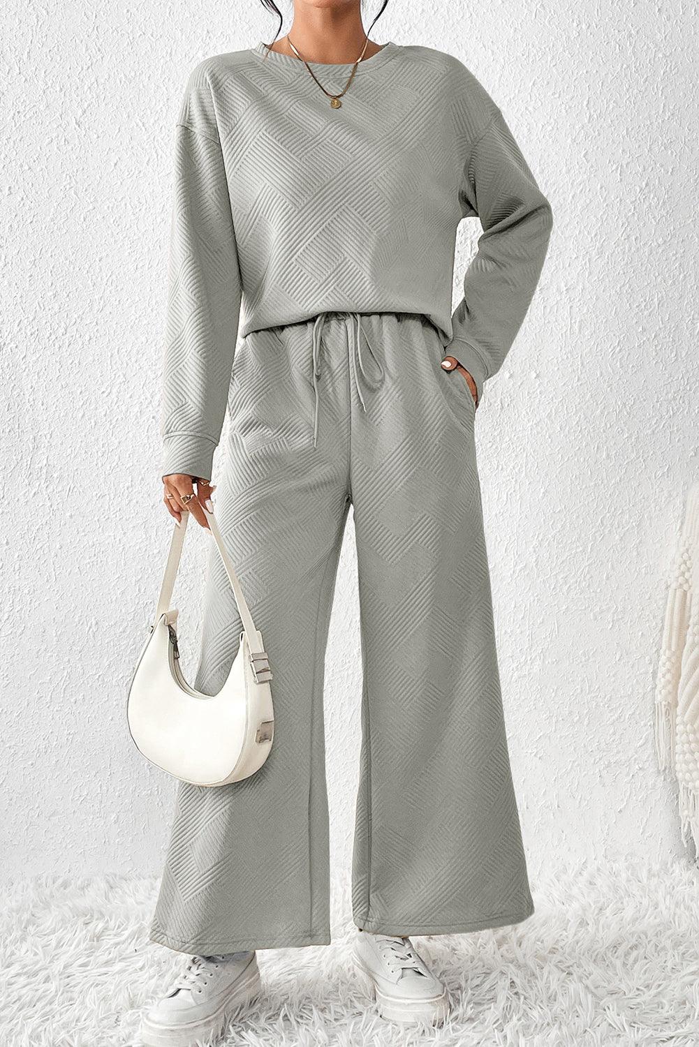 Dark Brown Textured Loose Slouchy Long Sleeve Top and Pants Set - The Fair Lady Shop