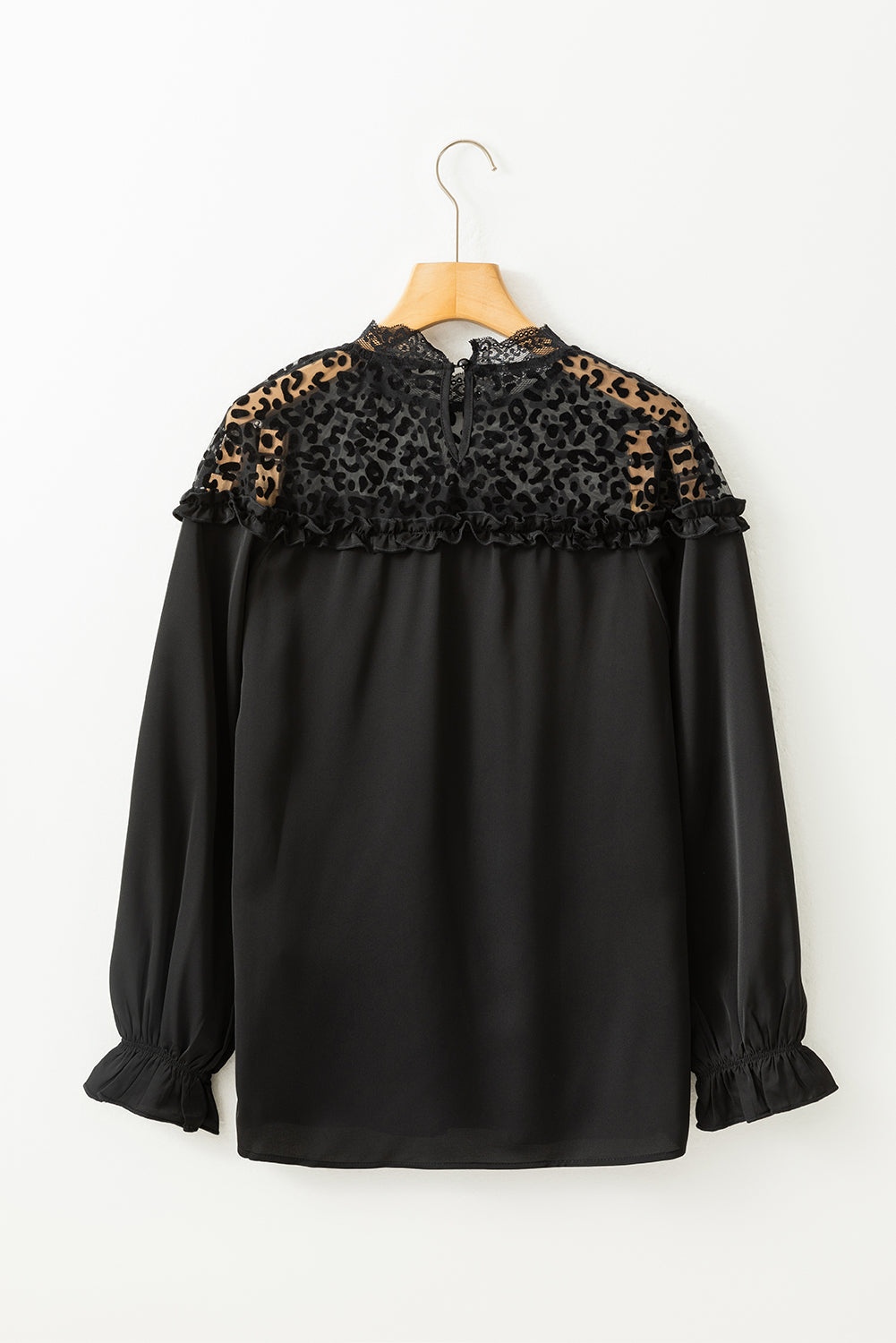 Black Leopard Sheer Splicing Lace Neck Ruffle Blouse - The Fair Lady Shop