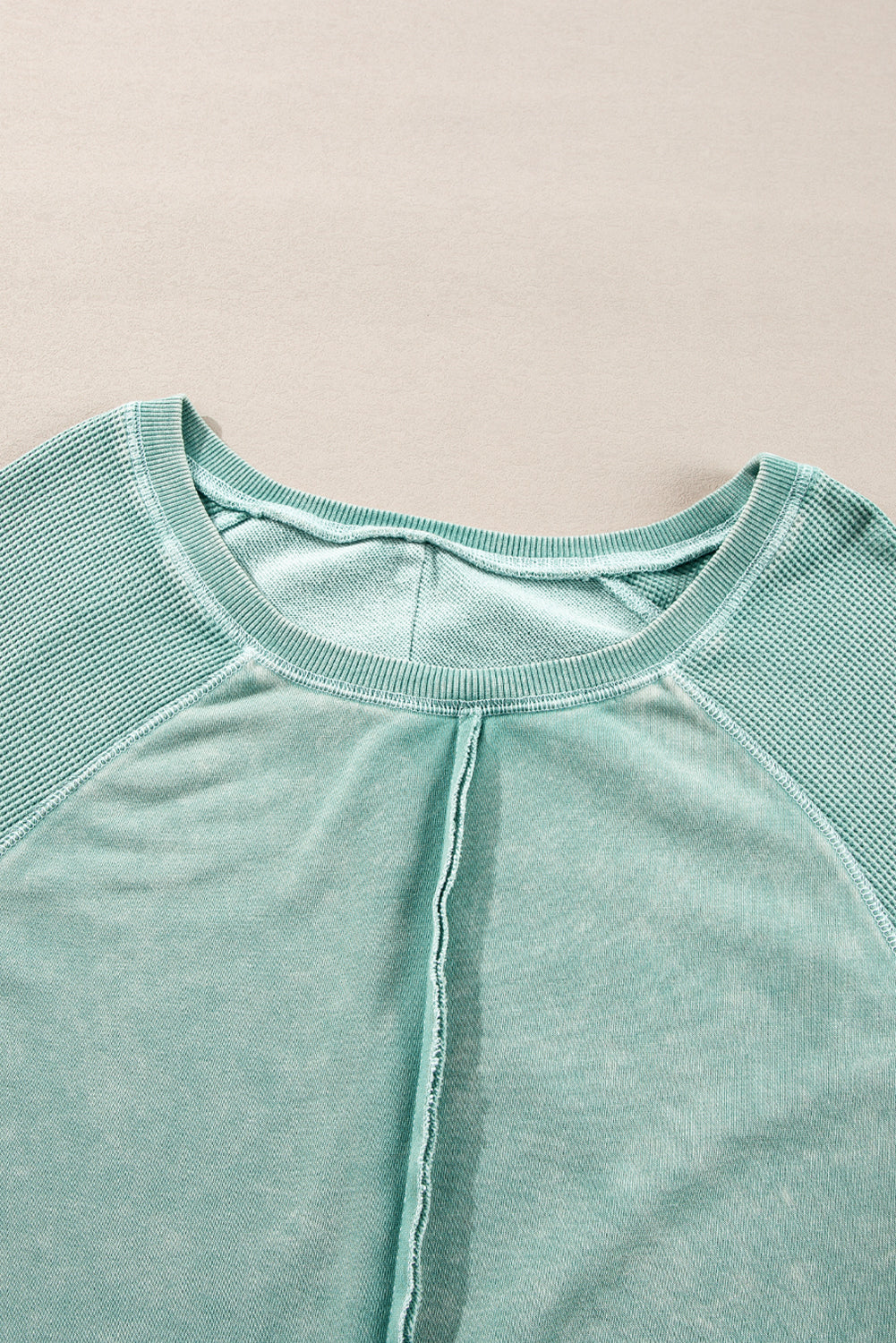 Mineral Blue Waffle Patchwork Raglan Sleeve Exposed Seam Sweatshirt - The Fair Lady Shop