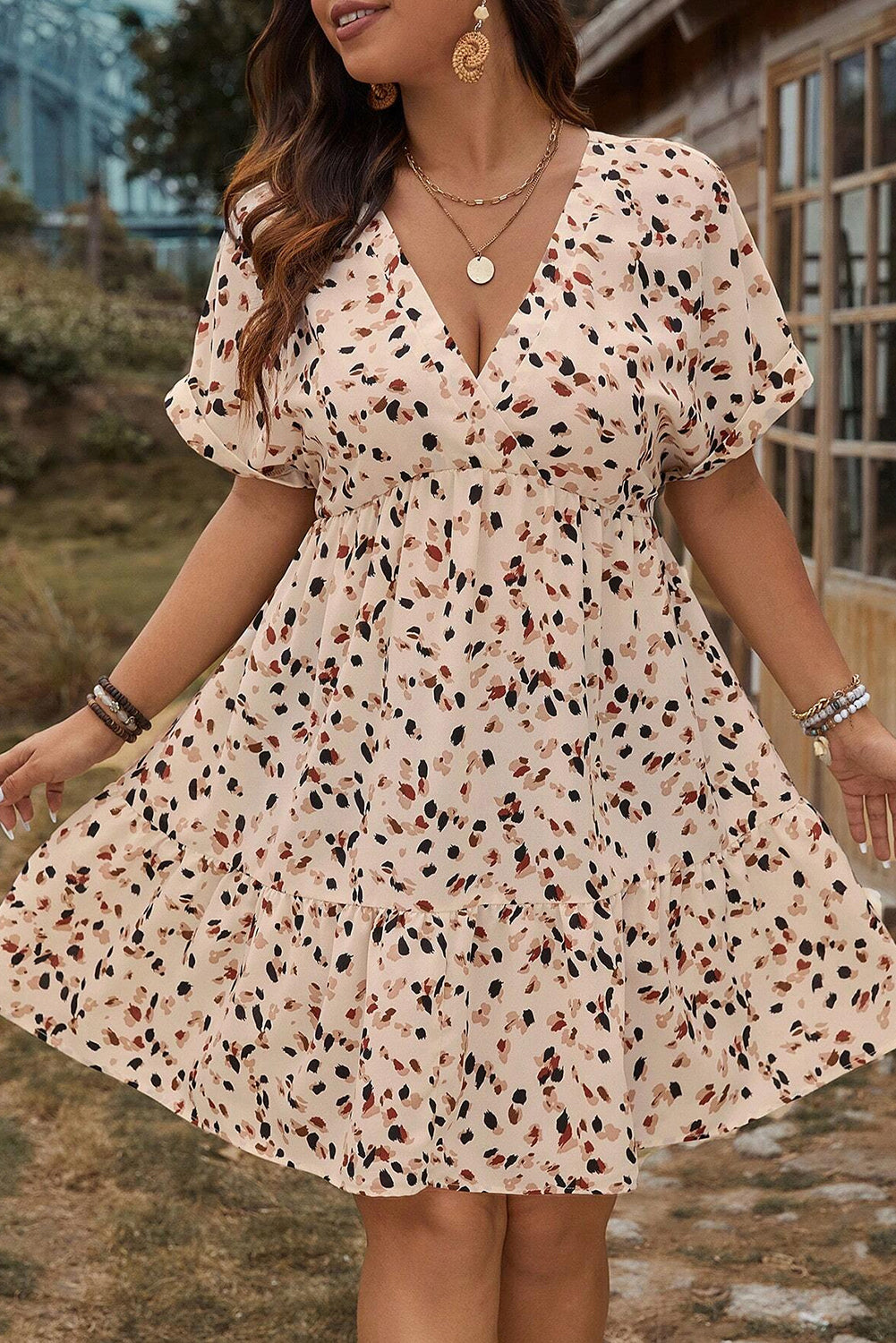 Beige Abstract Print Surplice V Neck Cuffed Sleeve Empire Waist Plus Size Dress - The Fair Lady Shop