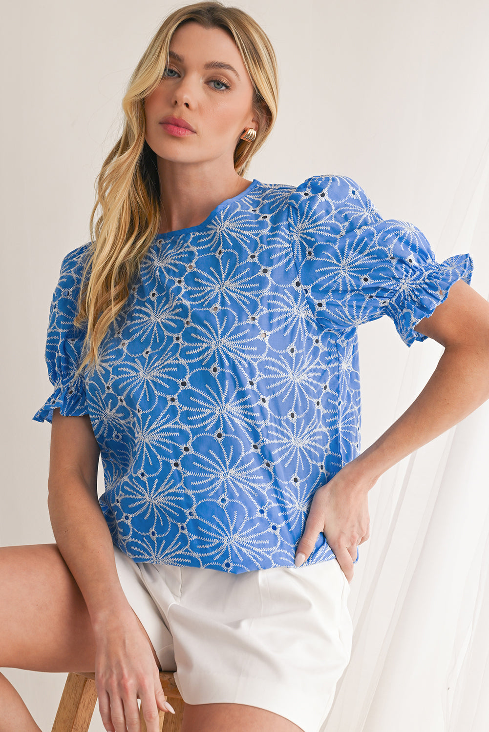 Sky Blue Boho Floral Eyelet Puff Sleeve Blouse - The Fair Lady Shop