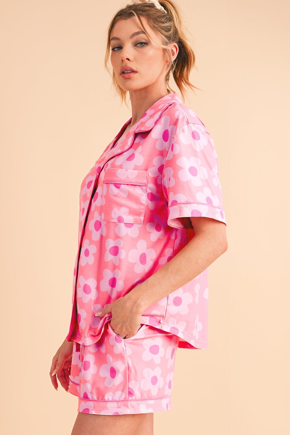 Green Flower Print Buttoned Shirt and Drawstring Waist Pajama Set - The Fair Lady Shop