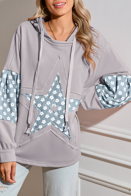 Beau Blue Floral Patchwork Star Pattern Drawstring Hoodie - The Fair Lady Shop