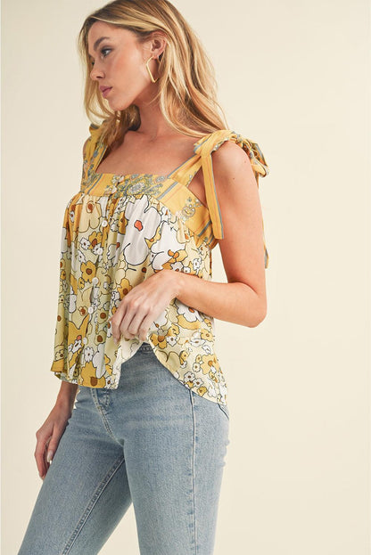 Yellow Floral Patchwork Boho Knot Straps Top - The Fair Lady Shop