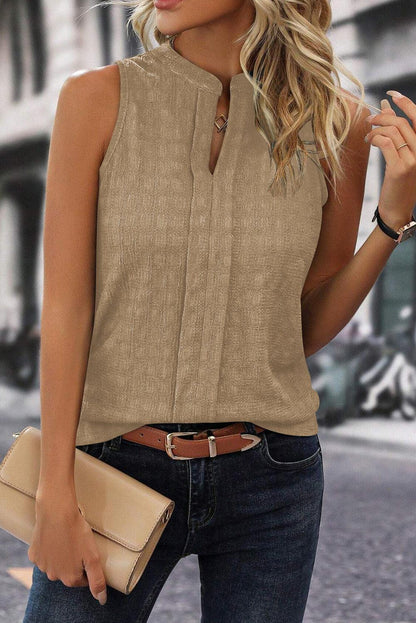 Light Beige Textured Split V Neck Sleeveless Shirt - The Fair Lady Shop