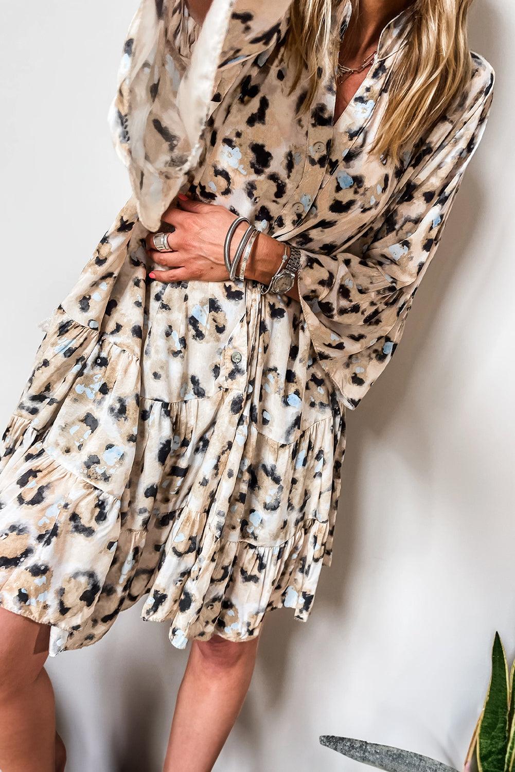 Black Leopard Button V Neck Flowy Mini Dress - The Fair Lady Shop