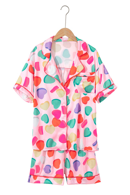 Pink Full Heart Pattern Shirt and Shorts Satin Pajama Set - The Fair Lady Shop