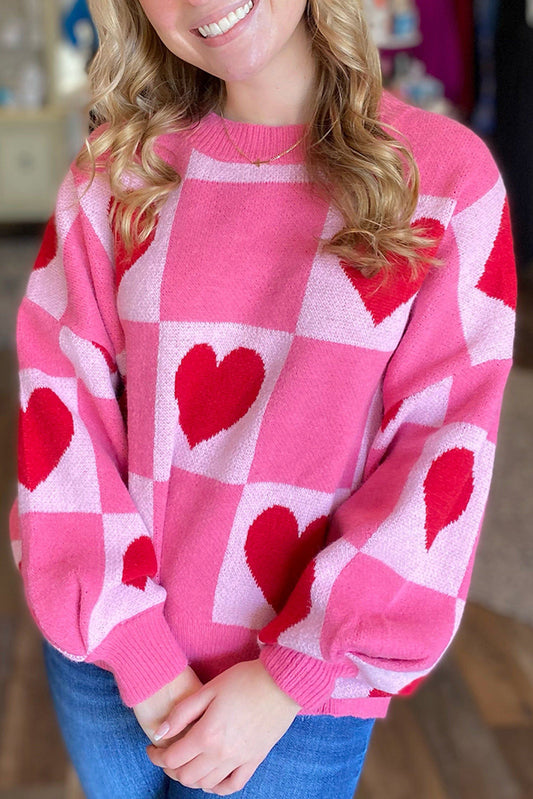 Pink Love Heart Checkered Valentine Knit Sweater - The Fair Lady Shop