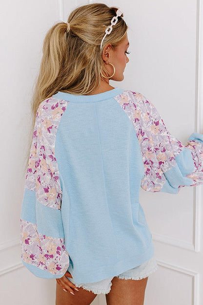 Apricot Crinkle Rib Floral Patchwork Balloon Sleeve Top - The Fair Lady Shop